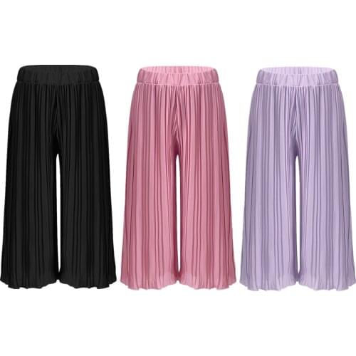 2021 New Summer Kids Girls Cropped Pants Solid Color Elastic Waist Chiffon Wide Leg Pants Children Pleated Loose Trousers
