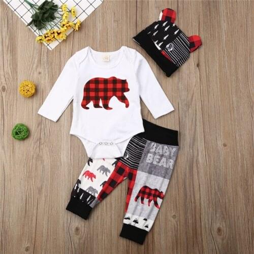 3PCS Newborn Baby Boy Girl 2021 Christmas Clothes Set Bear Print Romper Top Pants Hats Lovely Cotton Outfits