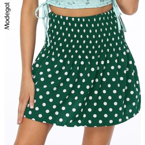 Modegal Womens Summer Polka Dot Mini Skirt Chiffon High Waist Elastic Waistband A Line Short Pleated Skirts Fashion 2021