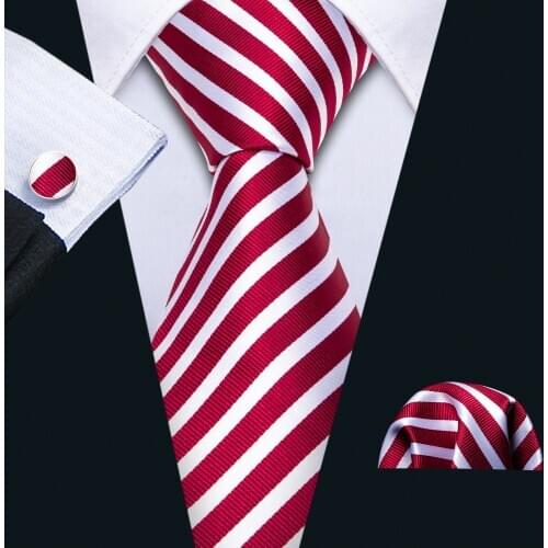 Men Tie Red Striped Necktie Gravat Handkerchief Set Silk Ties For Men Wedding Gift Party Business Barry.Wang Designer FA-5242