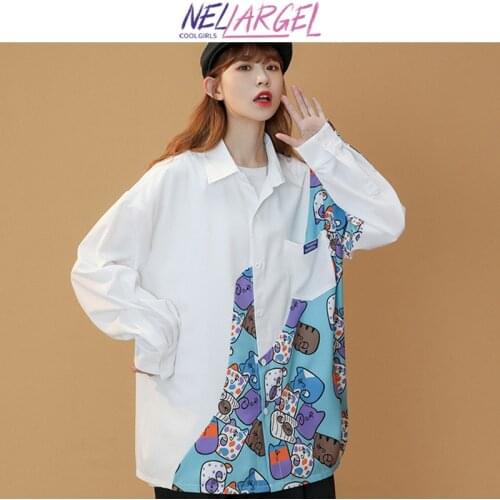 NELLARGEL Women Patchwork Kawaii Cartoon Vintage Shirts 2021 Female Causal Long Sleeve Blouses Girl Japanese Streetwear Shirts