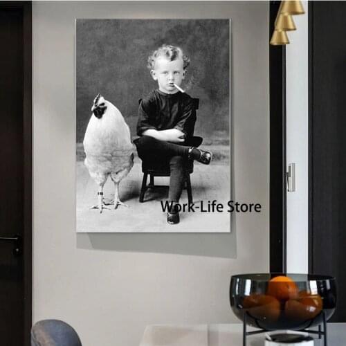 Weird Vintage Photography Posters and Prints , Boy Smoking With His Chicken Pet Antique Portrait Canvas Painting Wall Art Decor