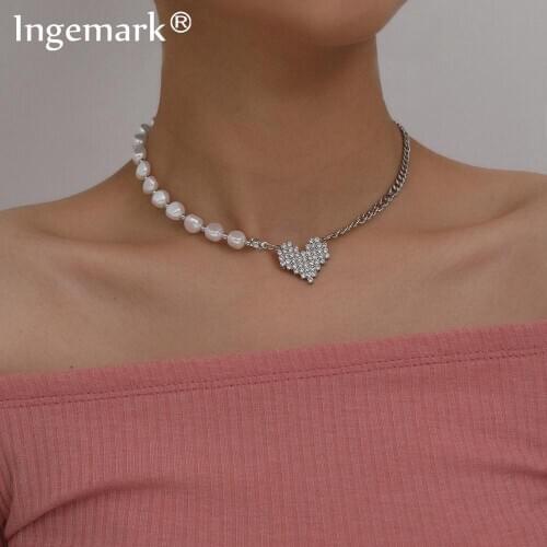 Korean Baroque Pearl Crystal Lover Heart Pendant Choker Necklace for Women Gothic Minimalist Chain Necklace Wedding Jewelry Gift