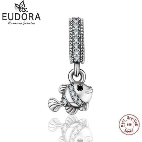 Eudora New 925 Sterling Silver Lovely Goldfish CZ Charms fit Bangles & Bracelets Women Fashion Jewelry Fish Pendant Unique gift
