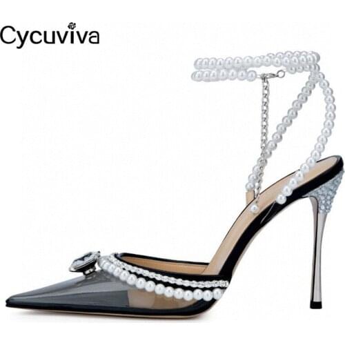 Luxury Jewels Summer Women Sandals Pink Pvc High Heels Wedding Shoes Ladies Ankle Strap Pearl Stilettos Designer Sandalias Mujer