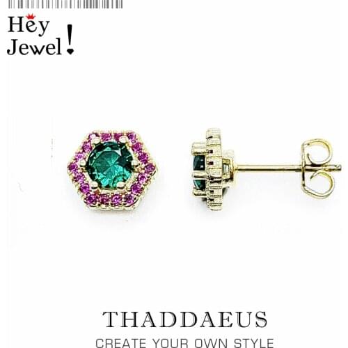 Studs Earrings Hexagon Green,Europe Yellow Gold Color Hand-set Jewelry For Women,2020 Playful Look Gift 925 Sterling Silver