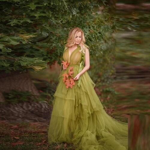 Prom Dresses Split gala jurken abendkleider Puffy Photoshot Prom Gowns Olive Green Ribbon Sleeveless Custom Made