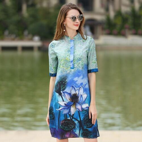 Large Size Women Dresses 2018 Half Sleeves Floral Printed Vestidos de Festa Stand Collar Button Split Loose Dress Feminine N618