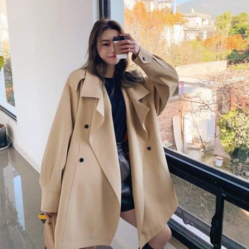 Khaki Loose Large Size Windbreaker Suit Collar Double Breasted Bandage Spring Autumn 2021 Thin Coat Jacket For Women Tops zh1101