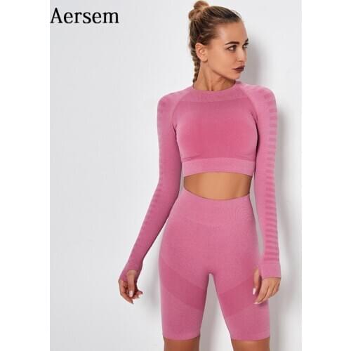 Striped Long Sleeve Yoga Set Seamless Women Workout Suit Joggers Crop Top+Shorts Cycling Leggings 2 Piece Set for Female 2020
