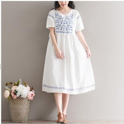 2018 summer fashion flower embroidery dress short sleeve women linen dress