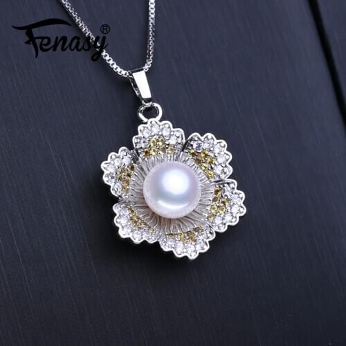 FENASY Pearl Jewelry New Custom Silver Color Flower Pendant Genuine Natural Freshwater Pearl Necklaces For Women