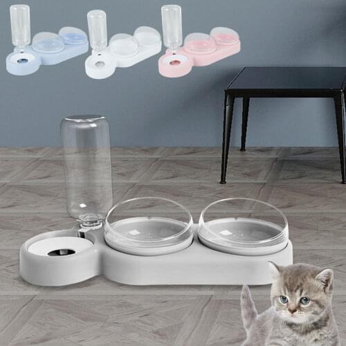 3 in 1 Double Cat Bowls Double Food and Water Bowl Set Double Pet Bowls Set 360° Rotatable Feeding Bowl Pet Feeder Automayic