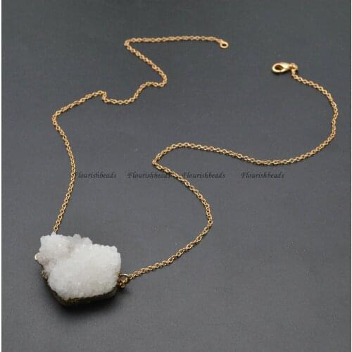 White Druzy Quartz Flat Oval Shape Stone Pendant Linked Chains Necklace Fashion Woman Jewelry