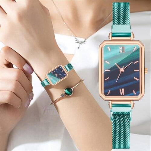 Women Green Watch Rectangle Magnetic Marble Dial Watches Luxury Quartz Wrist Watches Reloj Mujer Zegarek Damski