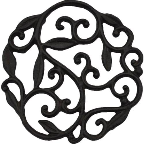 Rustic Decorative Cast Iron Trivet for Kitchen or Dining Table Round with Vintage Pattern -with Rubber Pegs/Feet