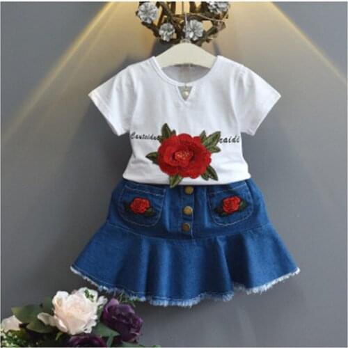 Kids 2020 Summer Baby Girls Clothing Sets Cotton Short sleeve Flower T-shirt+ Denim Skirts Children Baby Girls Clothes 2-9 yrs
