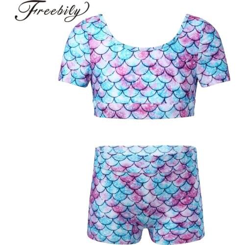 2Pcs Kids Girls Swimsuits Mermaid Fishscale Leopard Printed Short Sleeve Crop Top + Shorts Childs Set for Gym Yoga Sport Suit