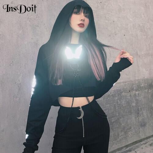 InsDoit Gothic Autumn Women Black Hoodies Harajuku Reflective Print Long Sleeve Hoodies Punk Streetwear Metal Chain Crop Tops