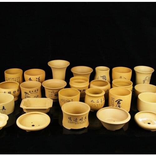 Purple Sand Ceramic Flowerpot Succulent Orchid Bamboo Potted Chinese Exquisite Medium And Small Yellow Mud Bonsai Pot With Tray