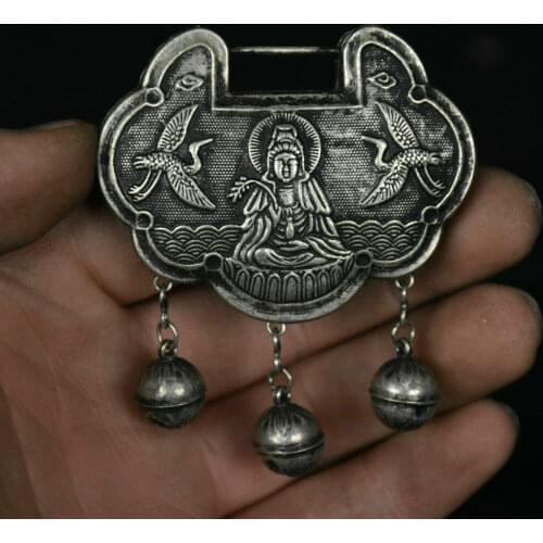 Collect Chinese Buddhism Miao Silver Kwan-Yin Boy Longevity Lock Pendant Statue Lucky Decoration Collection