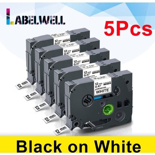 5Pcs Tze-231 12mm Black on White Label Tape Compatible for Brother P-touch P Touch Printer PT Labeler PT-E500W PT-E100B Tze 231