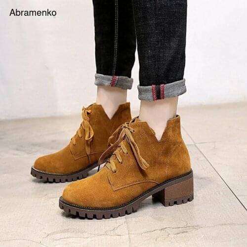 Autumn Boots Woman Lace-Up Thick Heel Boots Shoes Black Martin Boots Women Chunky Ankle Leather Boots Square High Heel Size 4-8