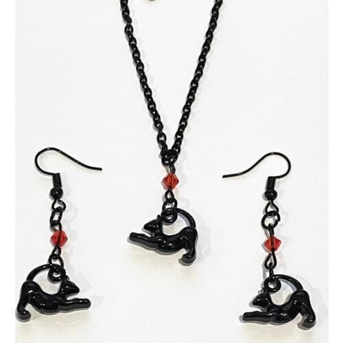 Hot 1 set Black Cat Necklace&Earrings with Red Crystal Beads, Gothic Victorian