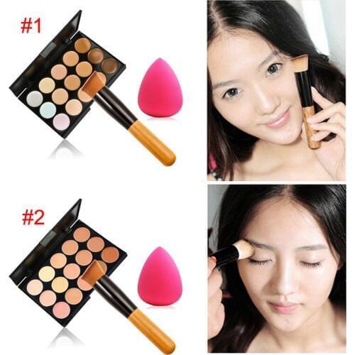 Fashion Women Professional 15 Color Makeup Cosmetic Contour Concealer Palette Make Up+Sponge+Concealer Brush ETS88