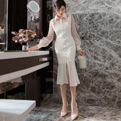 2021 Spring New Sexy Lace Splicing Shirt Collar Lantern Sleeve Split Fishtail Medium Length Dress