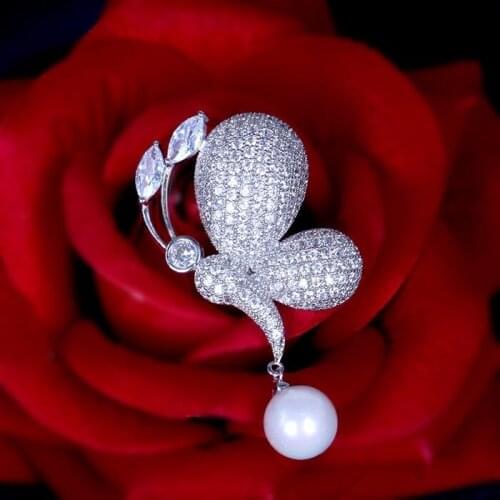 Cute Butterfly Red Zirconia Brooches with Pearl for Women Fashion Insect Bee Pin Brooch Accessories broche femme bijoux de luxe