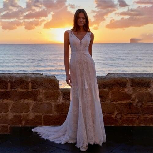 Sexy Deep V Lace Bohemia Sheath Wedding Dress Boho Vestido De Noiva Chic Open Back Beach Bridal Gowns Custom Made 2021