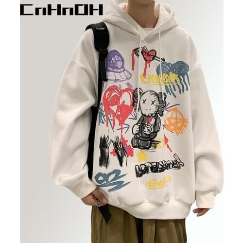 CnHnOH Hooded Hoodies Mens Winter Streetwear Plus Velvet Thick Graffiti Jacket Korean Style Chic HipHop Clothes SK-Y668