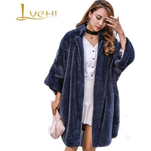 LVCHI 2019 Winter Import Swan Velvet Mink Coat Real Natural Fur BatwinG Nine Quarter Mink Coat Loss Causal Skirt O-Neck Fur Coat