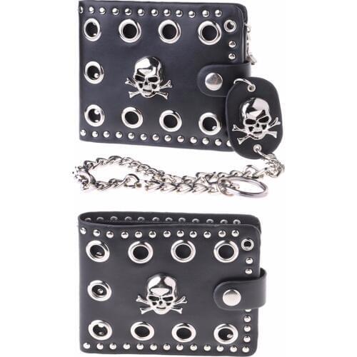 THINKTHENDO Vintage Men Short Purse Boys Goth Skull Head Cross Black Leather Biker Hasp Wallet with Long Key Chain 48cm