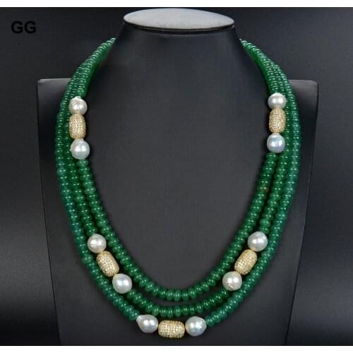 GuaiGuai Jewelry 22" 3rows green Jade Aventurine White Keshi Pearl Cz Beads Necklace