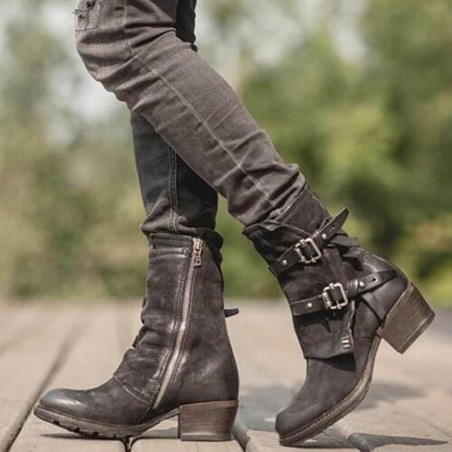 Women Ankle Boots Zapatos Mujer Vintage PU Leather Matin Warm Shoes Woman Chunky Mid Heels Ladies Vintage Chaussure Femme