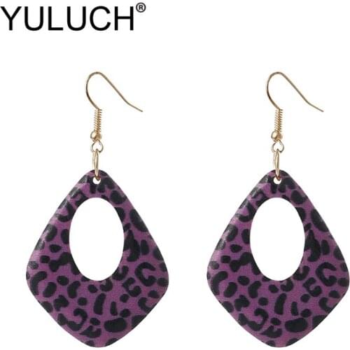YULUCH 2019 Trendy Female Purple Yellow Wood Earrings Fashion Jewelry Printed Printing Leopard Print Long Water Drop Earrings