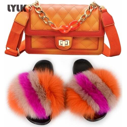 Hot Summer Womens Real Fox Fur Slippers Ladies Fluffy Plush Slides Fashion Chain Jelly Bag Set Female Shoulder Small Square Bag