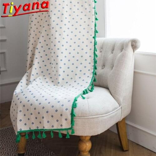 1 PC Panel Bohemian Green Tassel Blue Small Chrysanthemum Curtains for Living Room Modern Linen Door Curtain Home Deco*VT