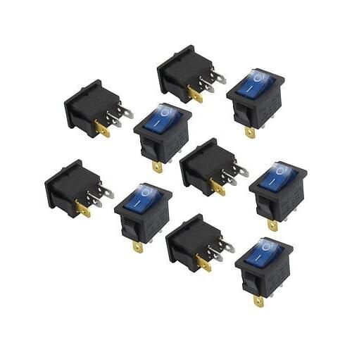10 x AC 6A/250V 10A/125V 3 Pin SPST Blue Neon Lamp On/Off Boat Rocker Switch