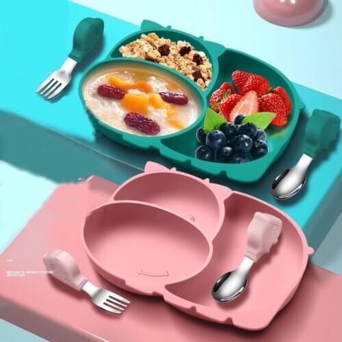 2021 NEW Cow Silicone Baby Feeding Silicone Plate Kids Bowl For Breakfast Nursning Feeding Tableware Set With Spoon Fork Set