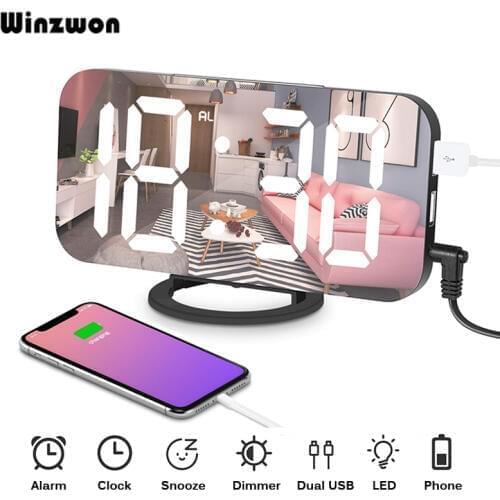 6.5inch Mirror LED Alarm Clock Snooze Digital Clock Bedroom Dimmer Wake Up Light With Dual USB Charge Port Time Memory Function