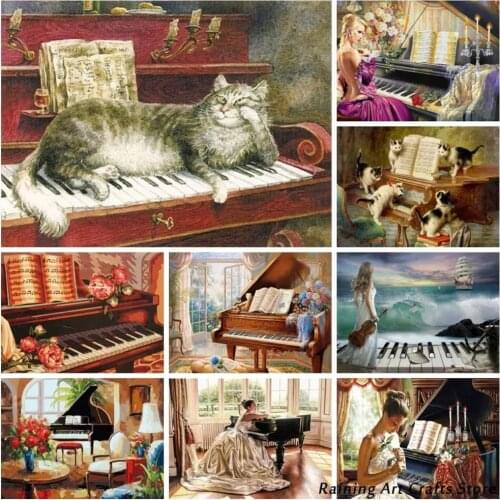 5D Diy Diamond Painting Piano Cat Full Round Square Drill Vintage Mosaic Pictures Cross Stitch Embroidery Home Decoration New