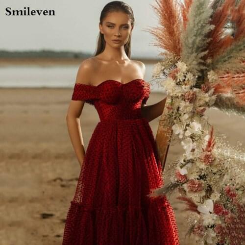 Smileven Red Dots Tulle Prom Dresses Off the Shoulder Evening Gown Party Dress for Graduation 2021