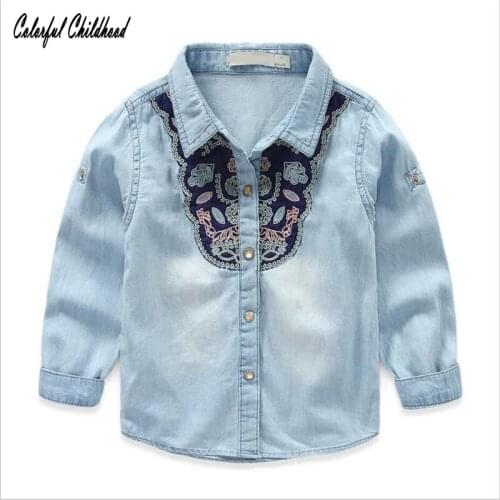 Girls Blouse embroidery lace Long Sleeve shirt Baby Girls Floral Kids Tops Children denim shirt spring autumn