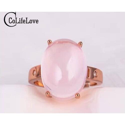 Exaggerated gemstone ring 12*16mm natural rose quartz silver ring solid 925 silver rose quartz ring fashion silver gemstone ring