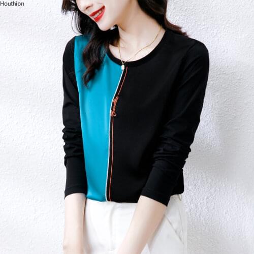 Summer New Womens T-shirt O Collar T Shirt Long Sleeve Tops Letter Embroidery Tees Satin Casual Fashion Loose