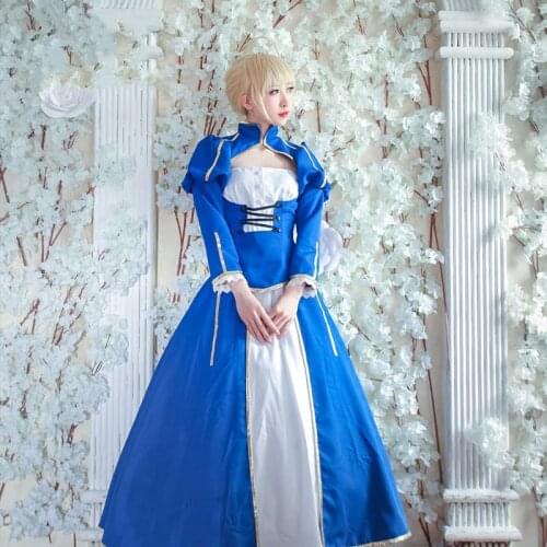 Amine FGO Fate/Extella Saber Blue Uniforms Cosplay Costume Arturia Pendragon Blue White Fighting Suit
