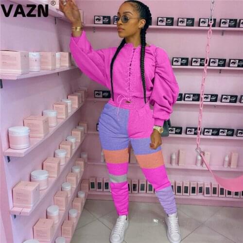 VAZN 2020 Top Quality Novelty High Street Young Daily Cross Bandage Full Sleeve Group Long Pants Slim Women 2 Piece Set